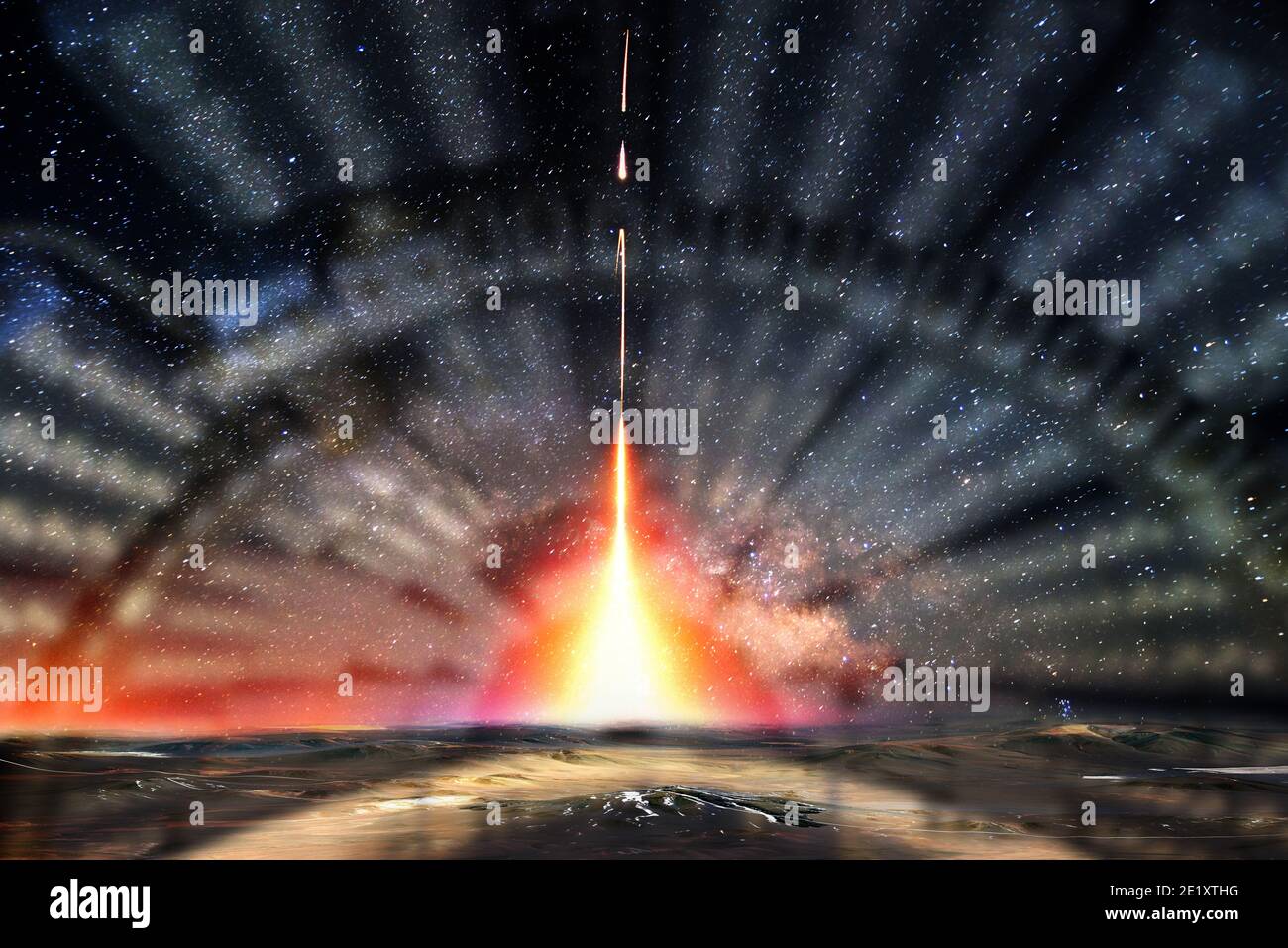 Lancement de missile la nuit. Lueur du ciel avec un halo technologique autour du vol. Éléments de cette image fournis par la NASA Banque D'Images