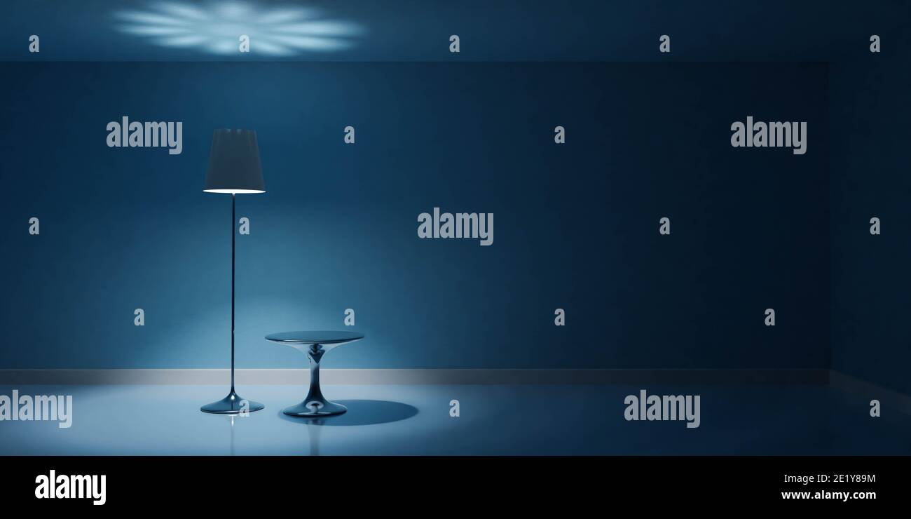 chambre bleue minimaliste moderne avec lampe et table 3d rendu de l'illustration Banque D'Images