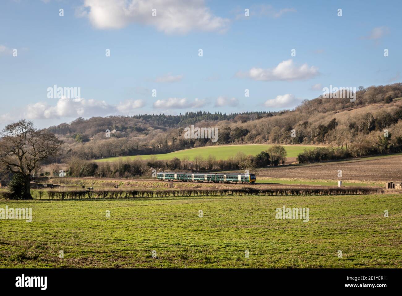 Un DMU GWR de classe 166 non identifié passe près d'Abinger Hammer à Surrey, en Angleterre, au Royaume-Uni Banque D'Images