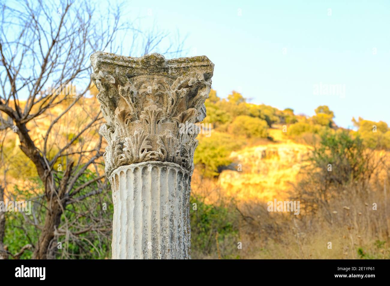 Colonne de pierre historique romaine au coucher du soleil dans la ville antique d'Éphèse à Izmir, Turquie - octobre 2020. Banque D'Images