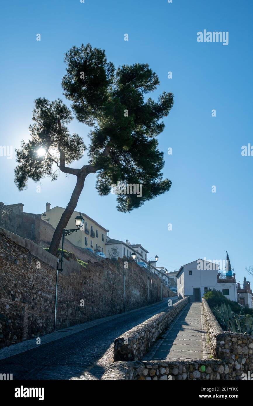 Une promenade à Grenade: Monter le Carril de la Lona en direction de l'Albaicín un matin ensoleillé Banque D'Images