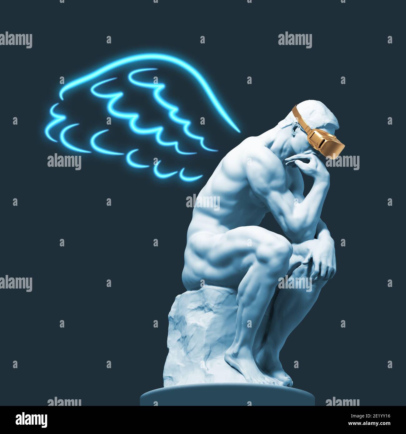 Sculpture d'un penseur avec des lunettes VR et des ailes peintes derrière son dos. Illustration 3D. Banque D'Images