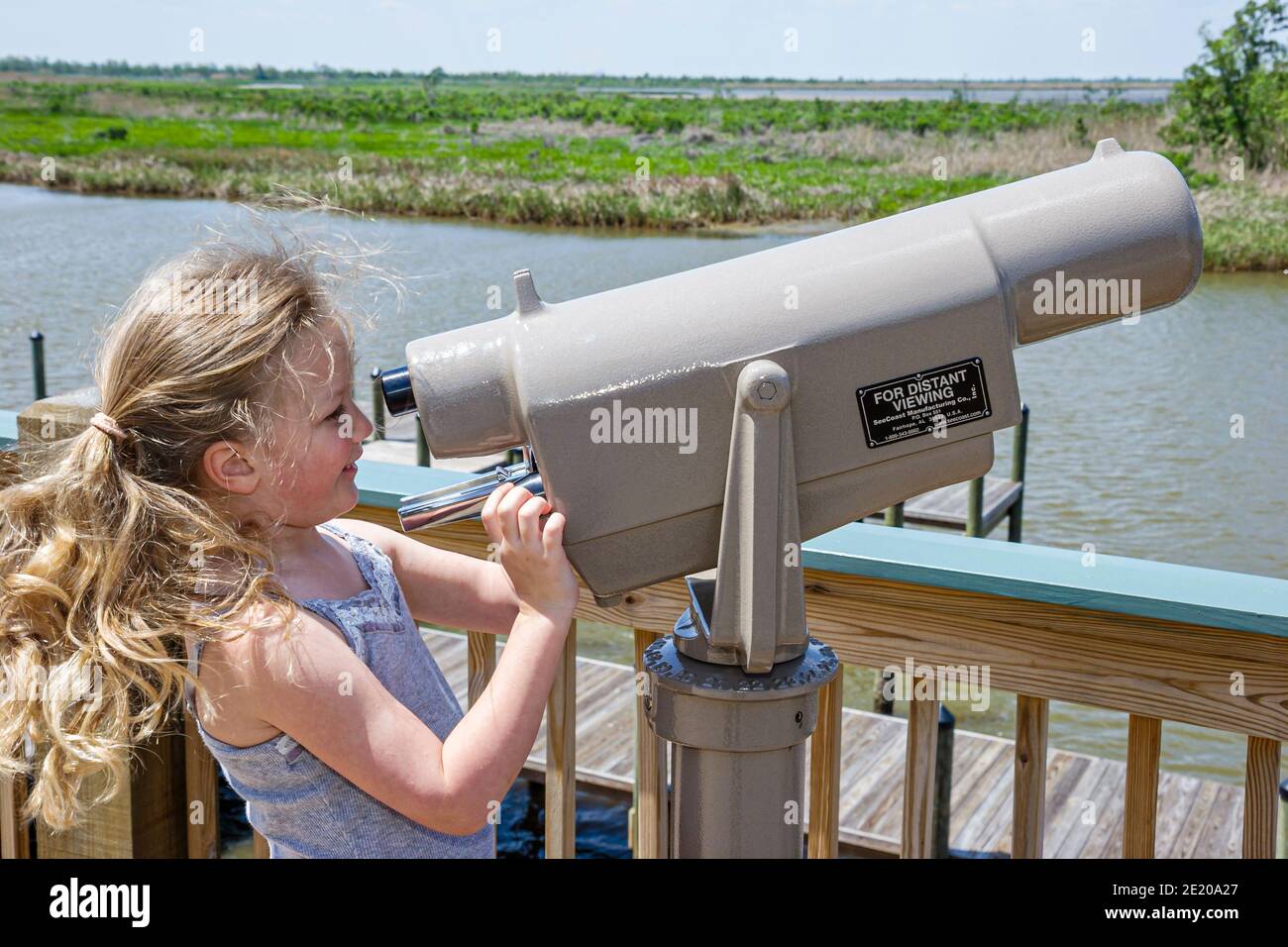 Alabama Spanish fort 5 Rivers Alabama Delta Resource Center centre, fille regardant à travers téléspectateur Mobile Bay marécages, Banque D'Images