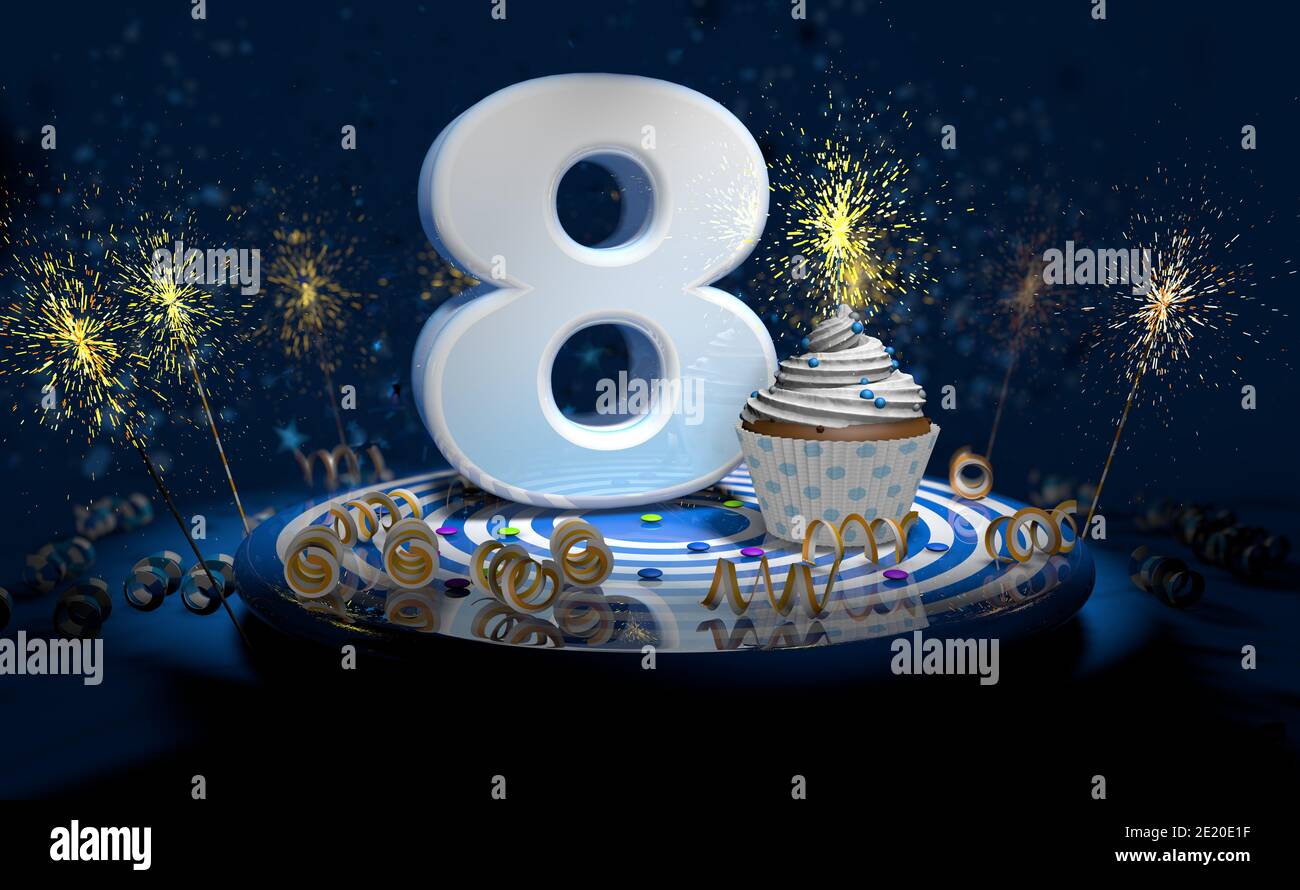 Cupcake avec bougie étincelante pour le 8ème anniversaire ou anniversaire avec grand nombre en blanc avec des banderoles jaunes sur une table bleue avec fond foncé plein o Banque D'Images