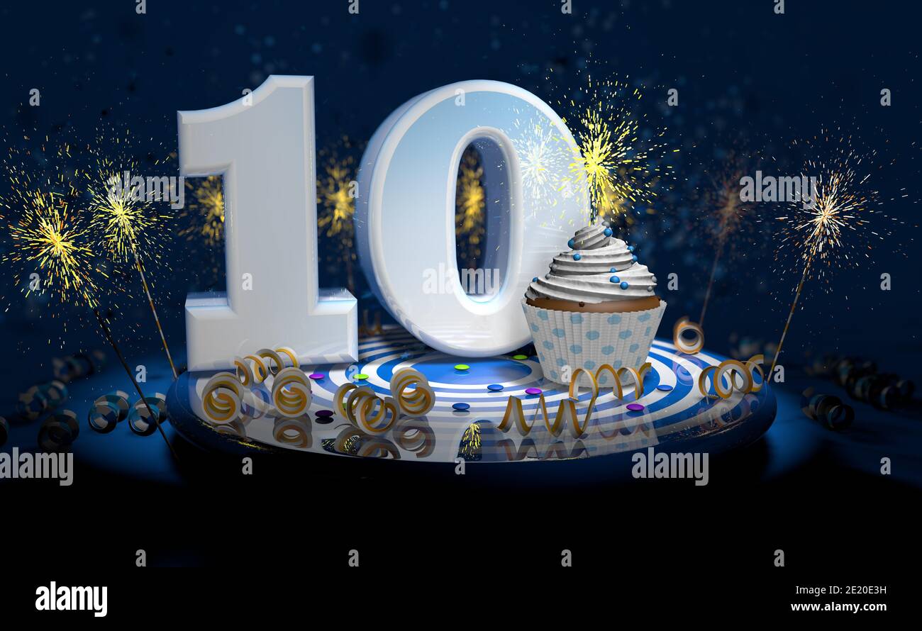 Cupcake Avec Bougie Etincelante Pour Le 10e Anniversaire Ou Anniversaire Avec Grand Nombre En Blanc Avec Des Banderoles Jaunes Sur Une Table Bleue Avec Fond Sombre Plein Photo Stock Alamy