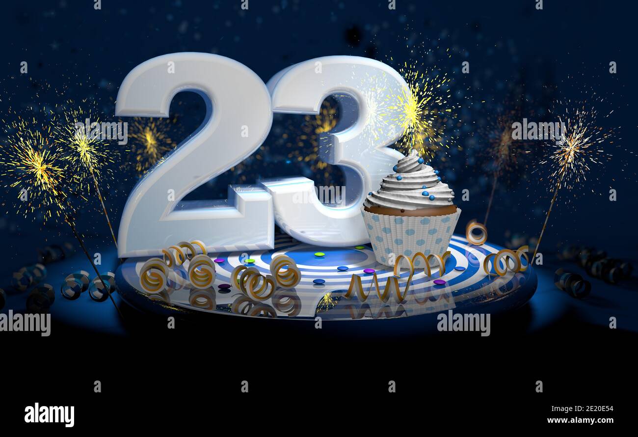 Cupcake avec bougie étincelante pour le 23e anniversaire ou anniversaire avec grand nombre en blanc avec des banderoles jaunes sur une table bleue avec fond sombre plein Banque D'Images