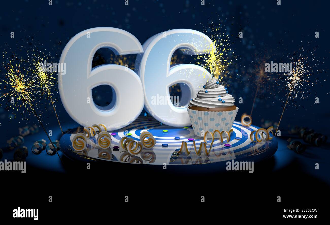 Cupcake avec bougie étincelante pour 66e anniversaire ou anniversaire avec grand nombre en blanc avec des banderoles jaunes sur une table bleue avec fond sombre plein Banque D'Images