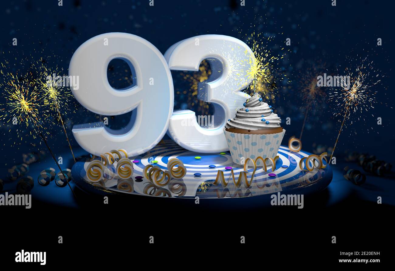 Cupcake avec bougie étincelante pour le 93ème anniversaire ou anniversaire avec grand nombre en blanc avec des banderoles jaunes sur une table bleue avec fond sombre plein Banque D'Images
