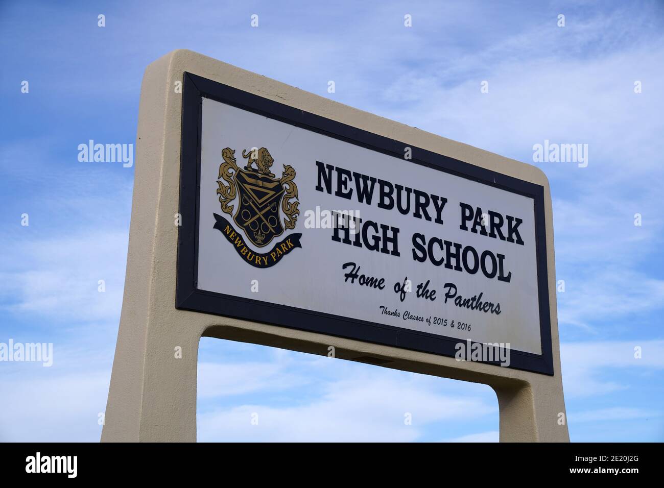 Le panneau de marque à la Newbury Park High School, le mercredi 6 janvier 2020, à Newbury Park, en Californie. Banque D'Images