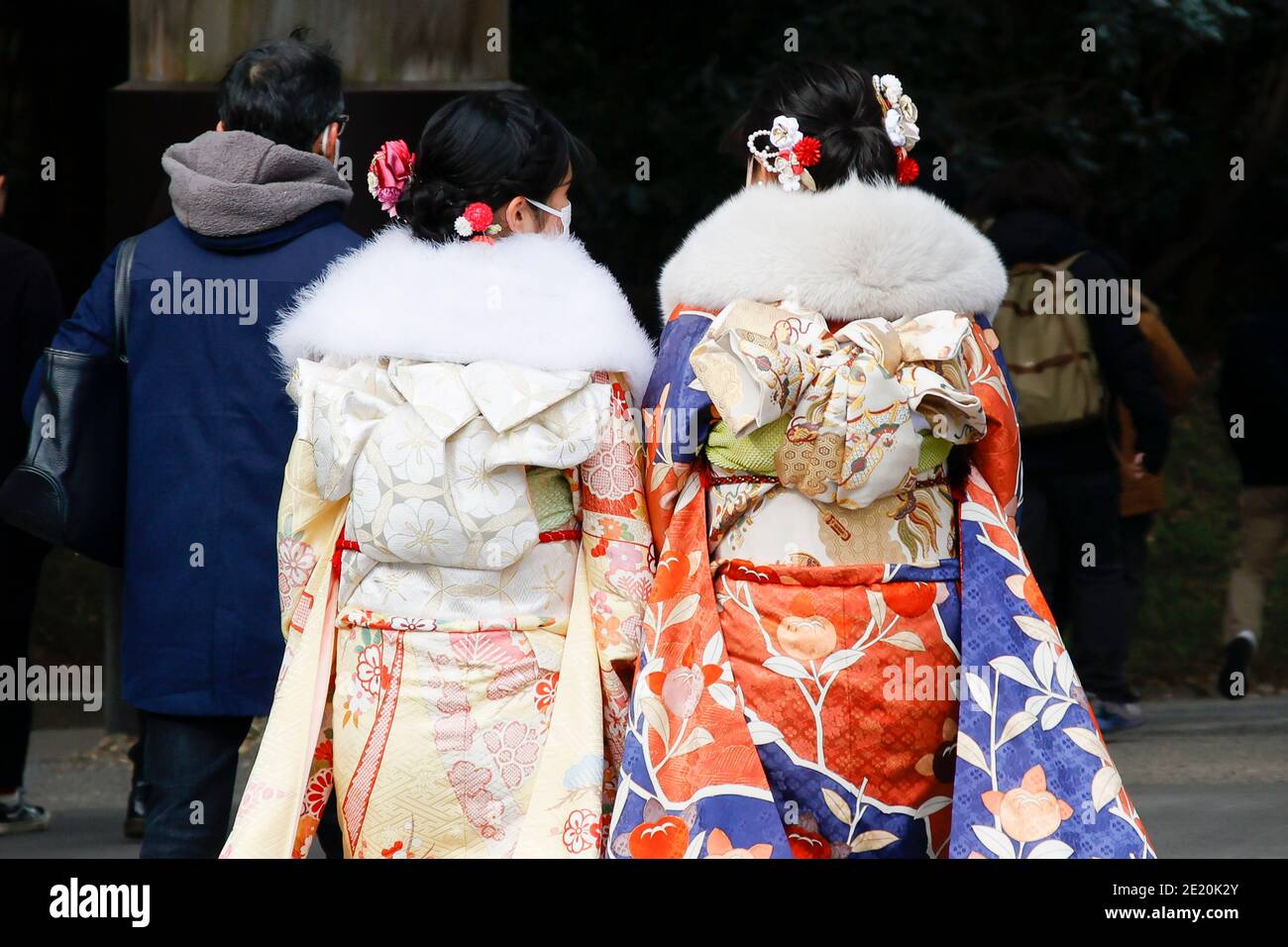 Tokyo, Japon. 11 janvier 2021. Les filles japonaises vêtues de kimonos colorés visitent le sanctuaire Meiji pendant le prochain jour de l'âge. Le jour de l'âge à venir (Seijin-no-Hi) est une fête pour féliciter et encourager tous ceux qui sont devenus adultes (20 ans) au Japon. La célébration annuelle a lieu le deuxième lundi de janvier, bien que de nombreux événements habituellement jubilants aient été annulés au sujet des craintes du coronavirus. Credit: Rodrigo Reyes Marin/ZUMA Wire/Alay Live News Banque D'Images