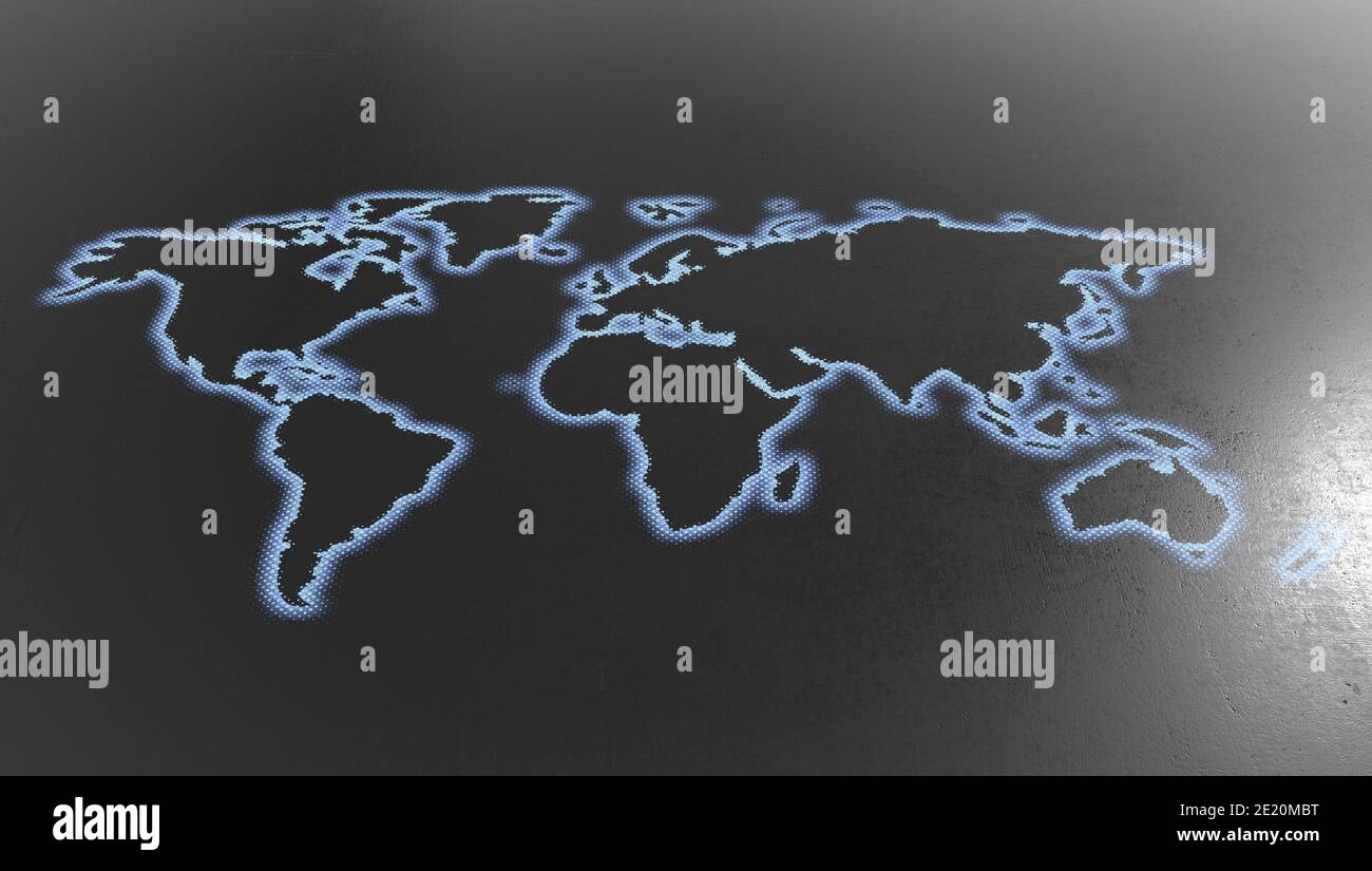 Une carte du monde plate avec des bords de demi-teinte bleu brillant activés Un arrière-plan texturé noir - rendu 3D Banque D'Images