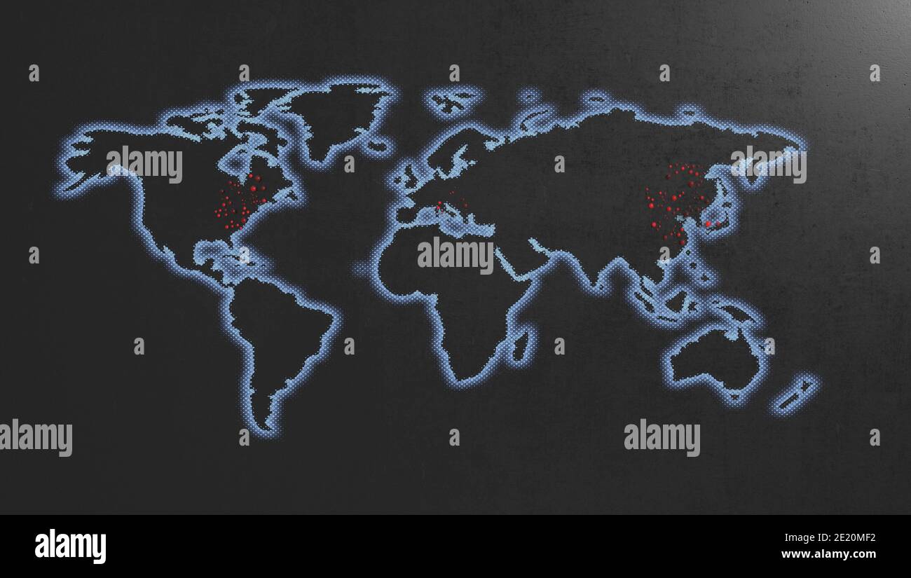 Une carte du monde plate avec des bords de demi-teinte bleu brillant activés un arrière-plan texturé noir montrant les particules rouges du virus corona commençant pour étendre le moût Banque D'Images