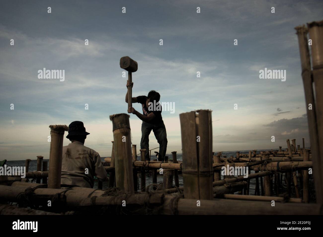 Des hommes construisent une structure côtière à l'aide de poteaux en bambou, un bâtiment à pilotis au-dessus de l'eau de mer dans le village de pêcheurs de Cilincing, sur la zone côtière de Jakarta, en Indonésie. Photo d'archives (2008). Banque D'Images
