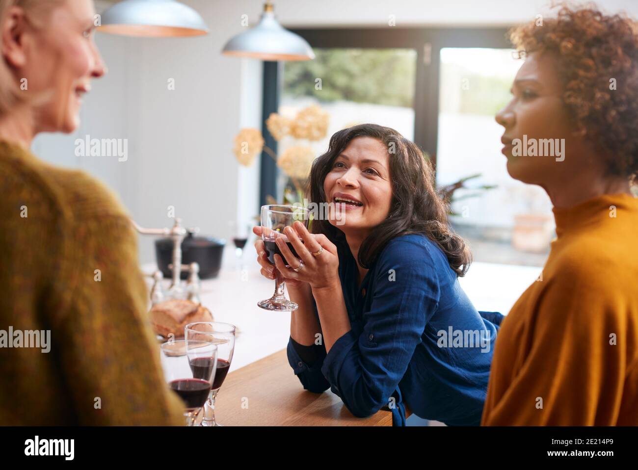 Groupe d'amis femmes matures à la maison pour parler Et buvez du vin ensemble Banque D'Images