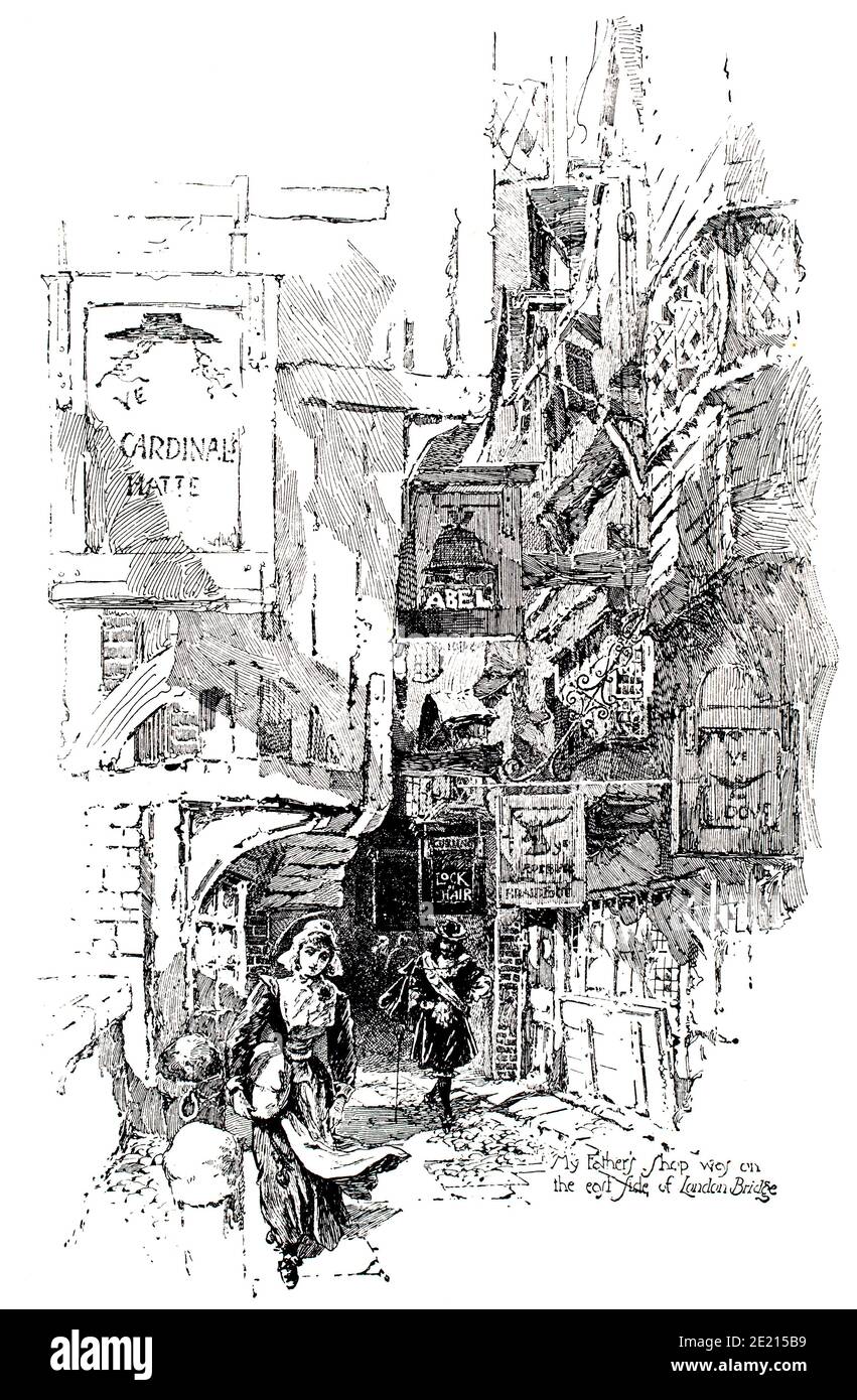 London Bridge en 1665, illustration par John Jellicoe et Herbert Railton pour Cherry et Violet, une histoire de la Grande peste, à partir de 1897 le Studio an il Banque D'Images