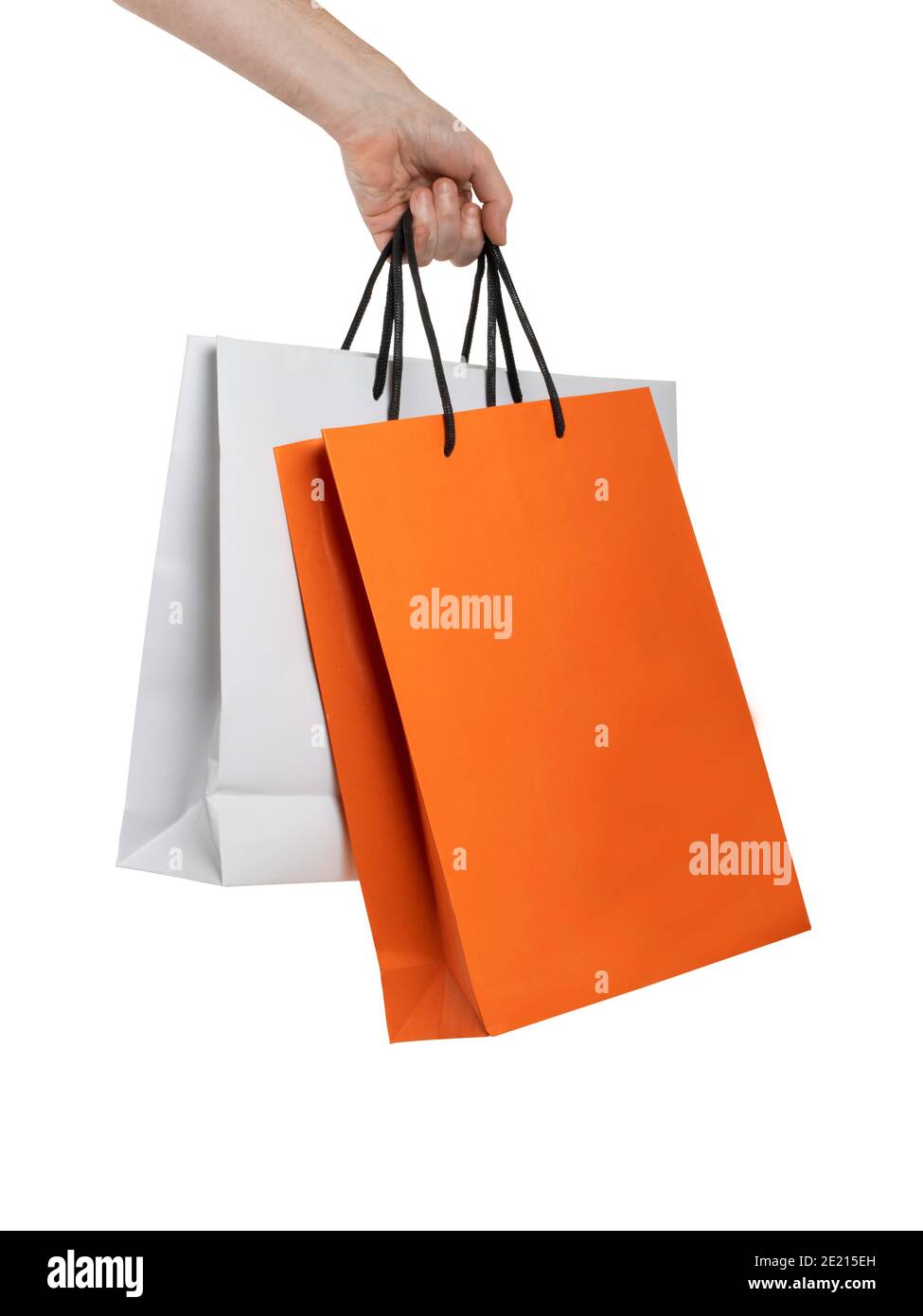 main d'un homme portant des sacs d'achats sur fond blanc Photo Stock - Alamy