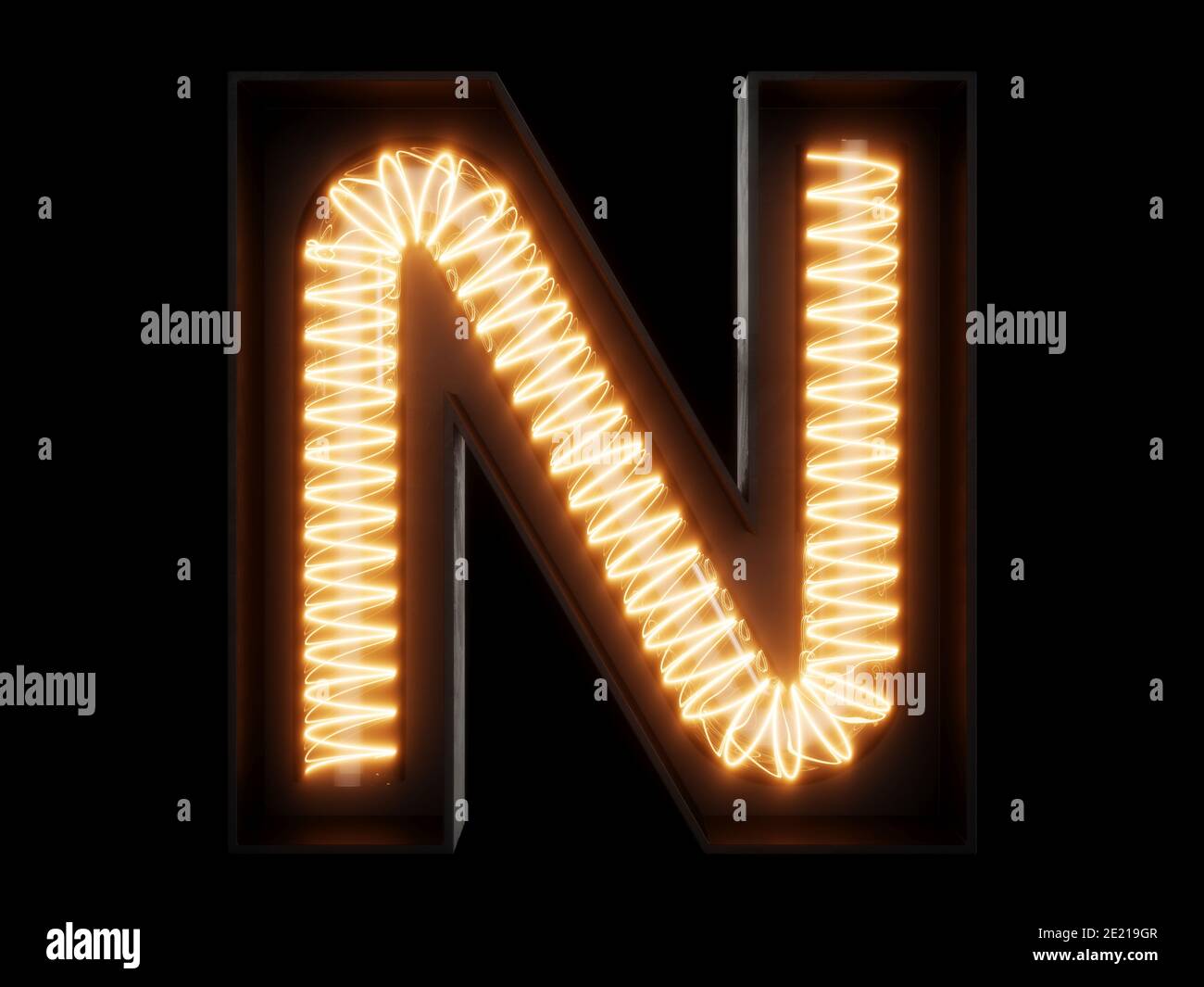 Lumineux ampoule alphabet lettre n caractères font. Vue avant de la capitale illuminée symbole sur fond noir. Le rendu 3d illustration Banque D'Images