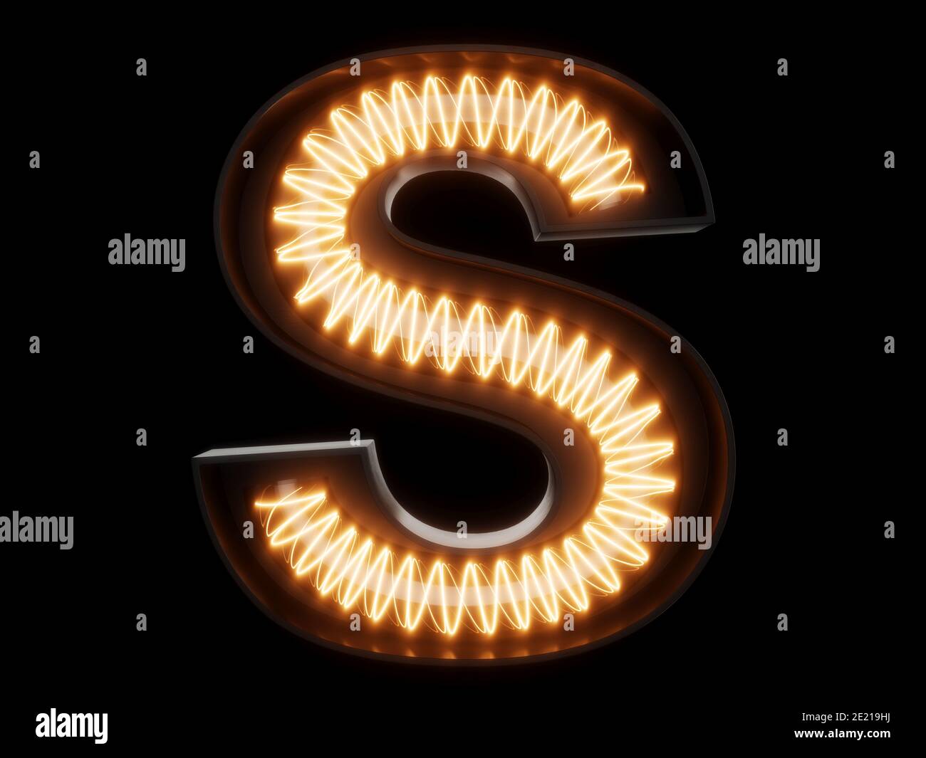 Lumineux ampoule alphabet lettre S caractères font. Vue avant de la capitale illuminée symbole sur fond noir. Le rendu 3d illustration Banque D'Images
