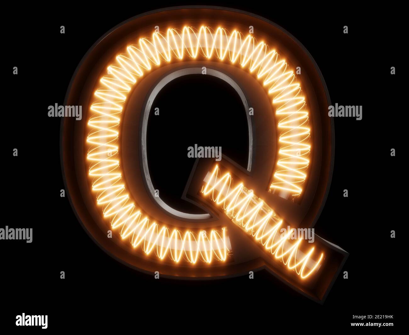 Lumineux ampoule alphabet lettre Q caractère font. Vue avant de la capitale illuminée symbole sur fond noir. Le rendu 3d illustration Banque D'Images