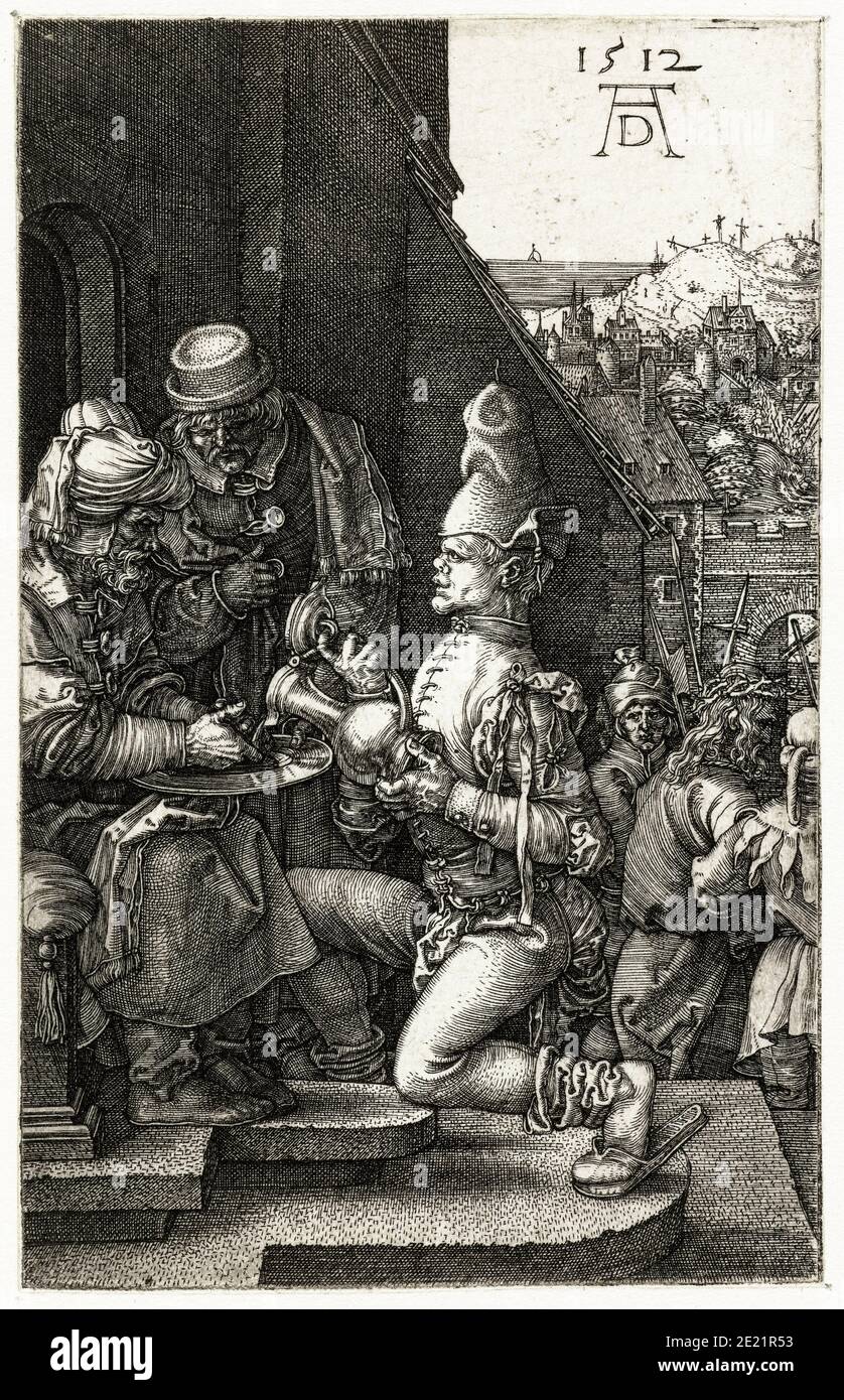 Albrecht Dürer, Ponce Pilate, se lavant les mains dans l'innocence, gravure, 1512 Banque D'Images