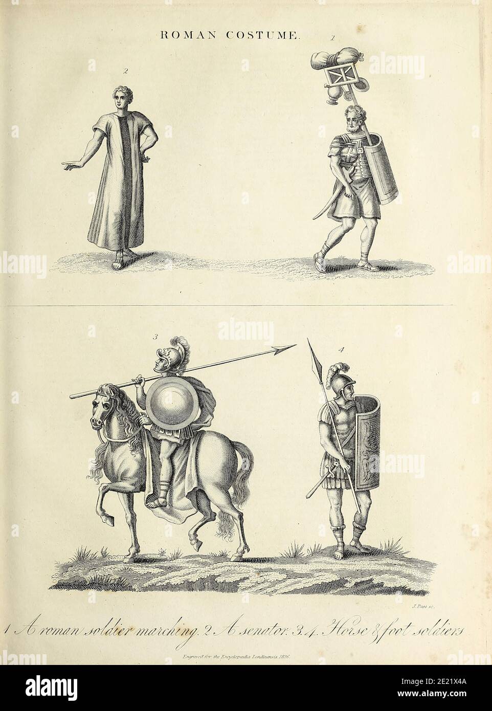 Costumes d'un sénateur romain [en haut à gauche] et soldats romains Copperplate gravure de l'Encyclopédie Londinensis or, Dictionnaire universel des arts, des sciences et de la littérature; Volume XXII; édité par Wilkes, John. Publié à Londres en 1827 Banque D'Images