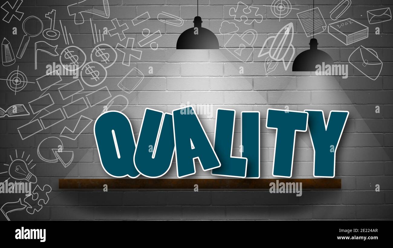 Rendu 3D d'un mot de qualité sur le mur avec lampes suspendues au plafond Banque D'Images