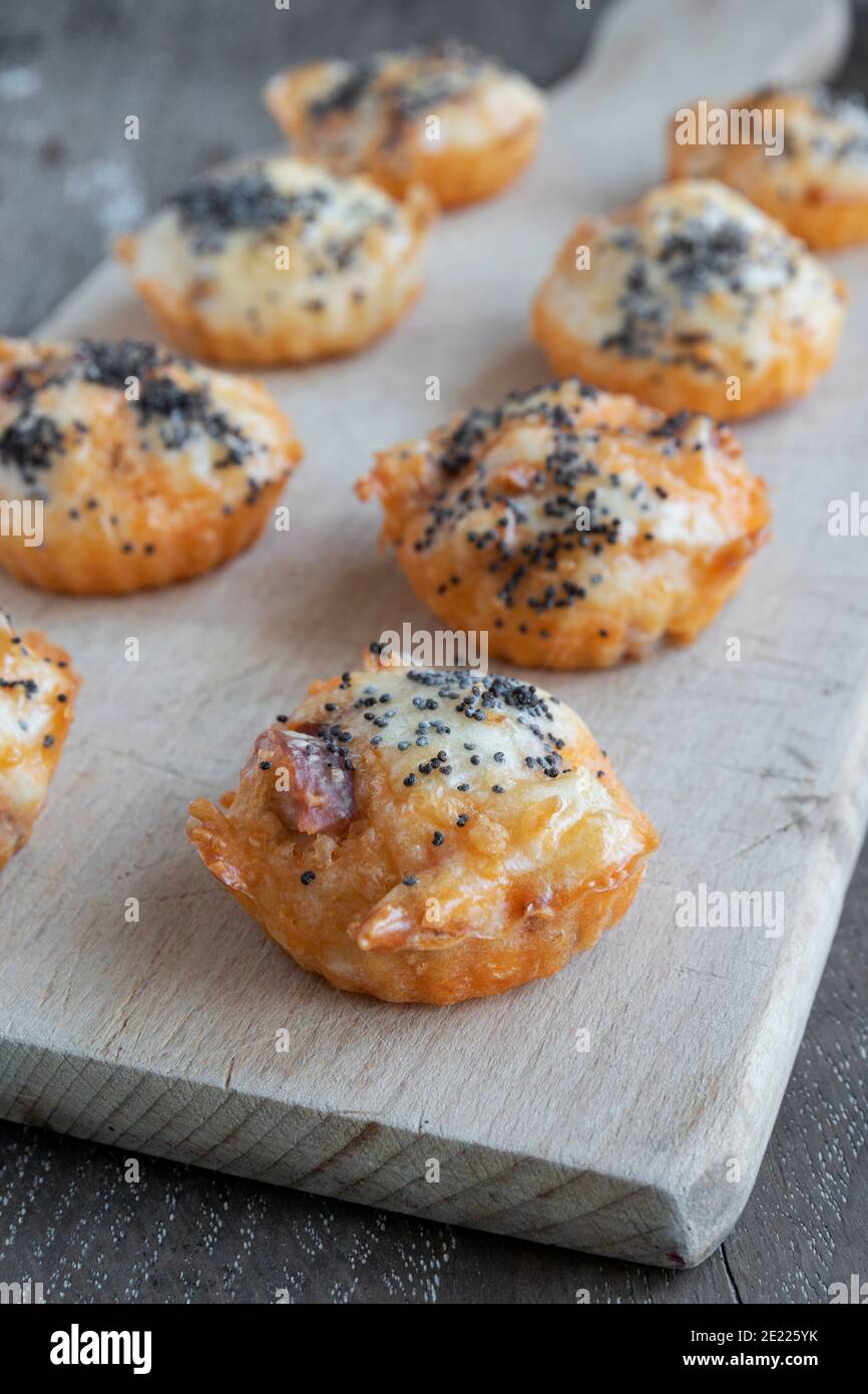 Chorizo bouche au fromage emmental et aux graines de pavot Banque D'Images