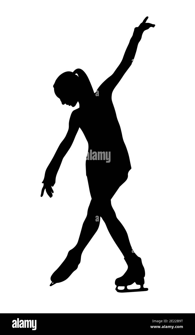 silhouette de patineuse à motif fille noire sur fond blanc Banque D'Images