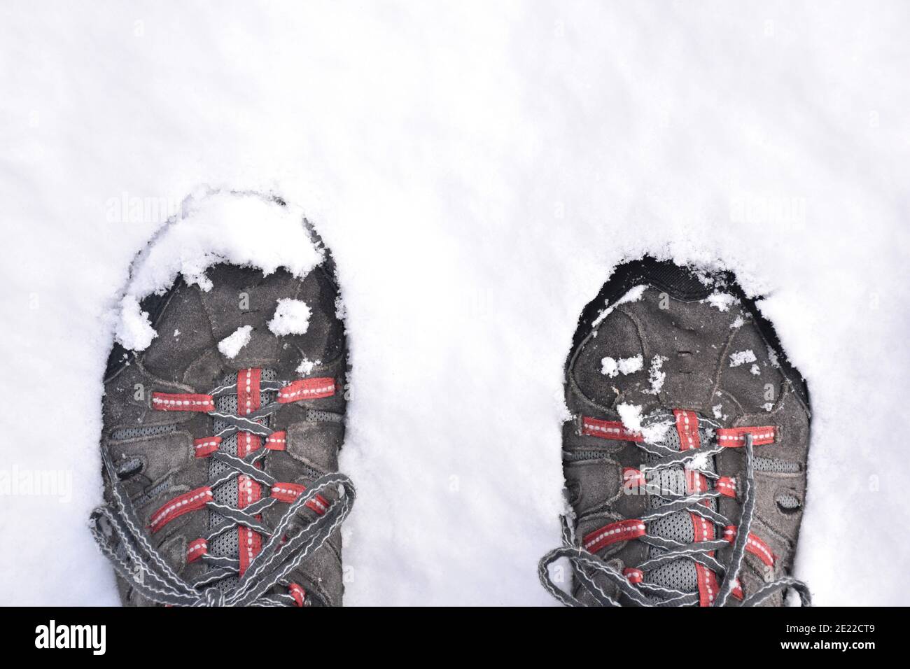 Des pieds dans des bottes de randonnée qui s'entassement sur la neige. Bottes noires, grises et rouges. Tempête de neige appelée Filomena. La Rioja, Espagne. Banque D'Images
