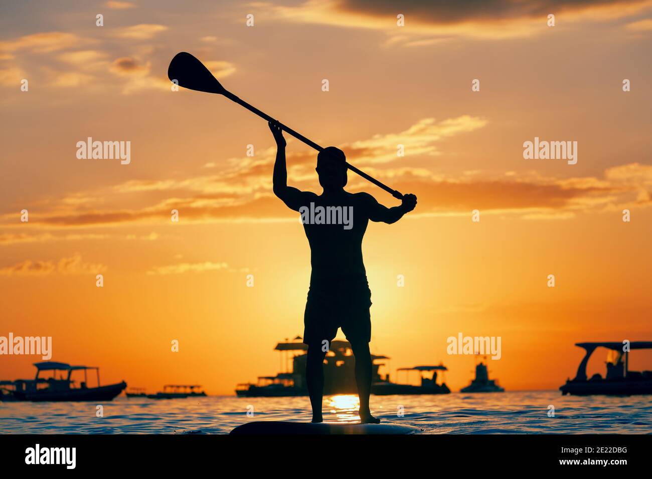 La palette active boarder. Coucher du soleil noir silhouette de jeune sportsman paddling on stand up paddleboard. Mode de vie sain. Sport d'eau, surf SUP Banque D'Images