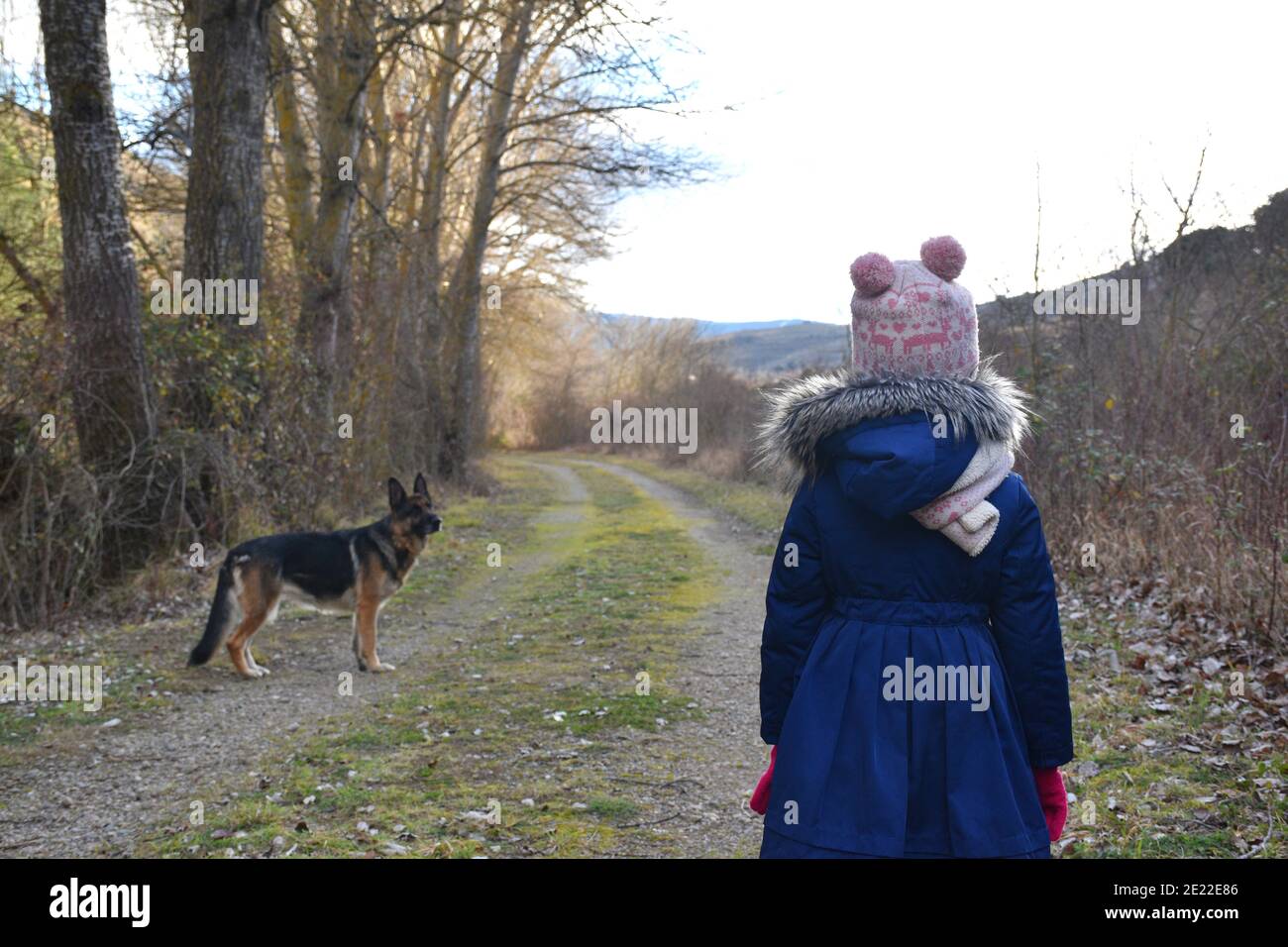 Petite fille avec chapeau de laine sur son dos sur la route rurale. Chien de berger allemand à gauche de la route. Banque D'Images