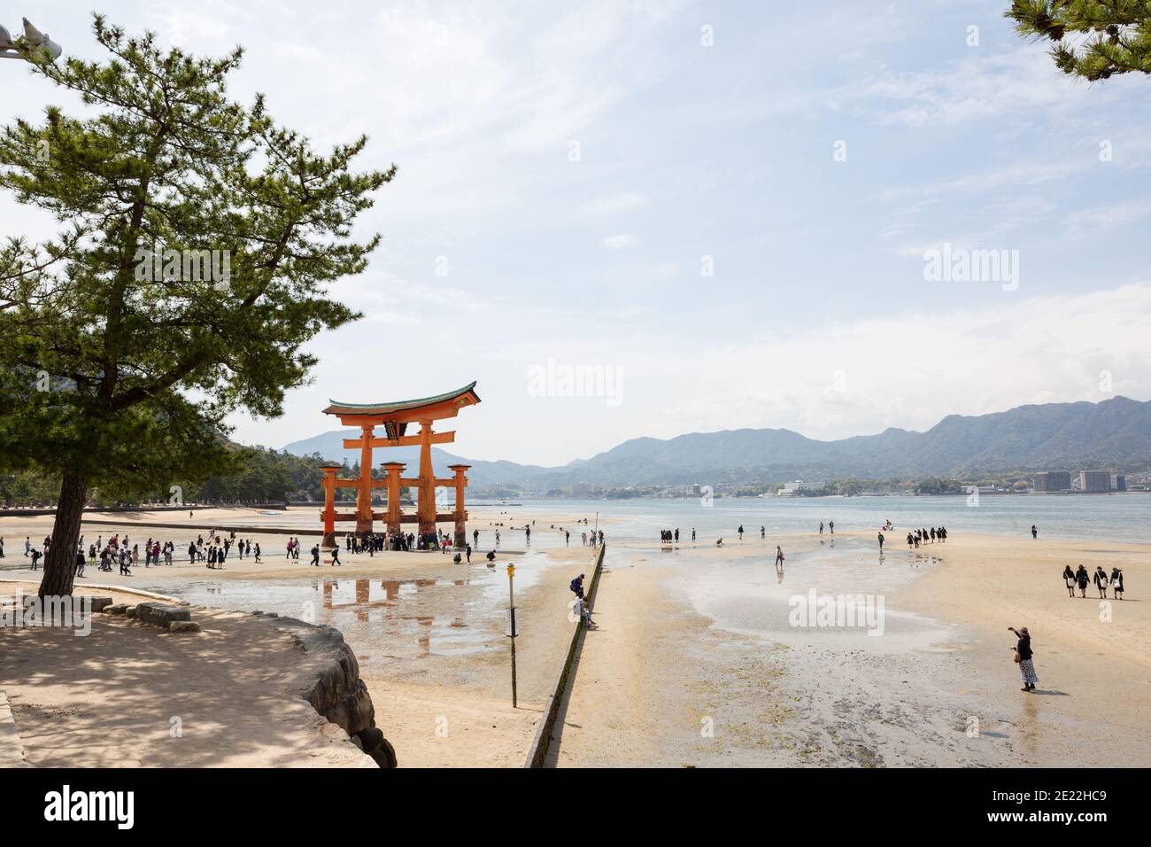 Touristes sur la plage à côté de la porte Ttorii d'Itsukushima (Miyajima), Japon Banque D'Images
