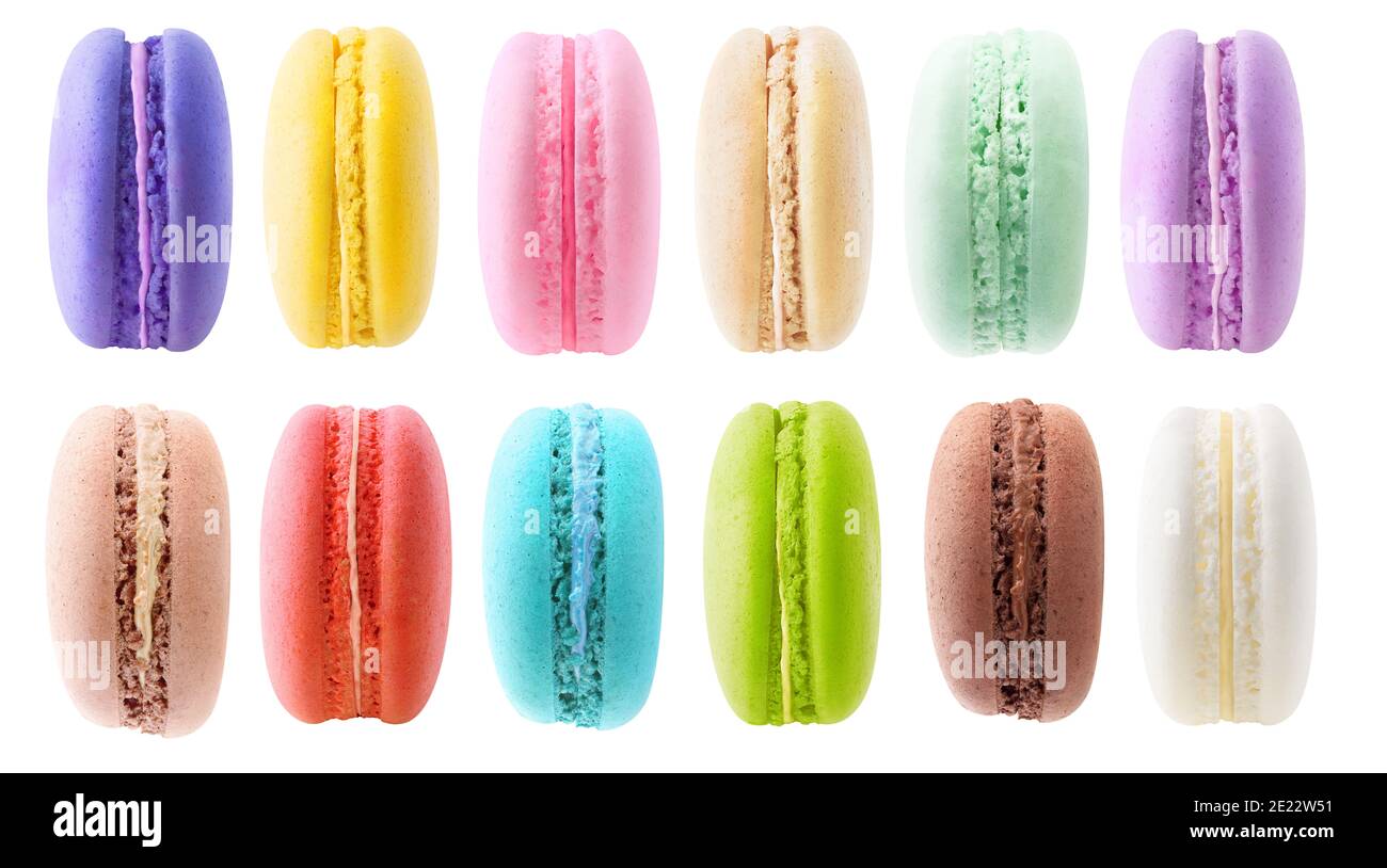 Collection de 12 macarons multicolores isolés sur fond blanc Banque D'Images
