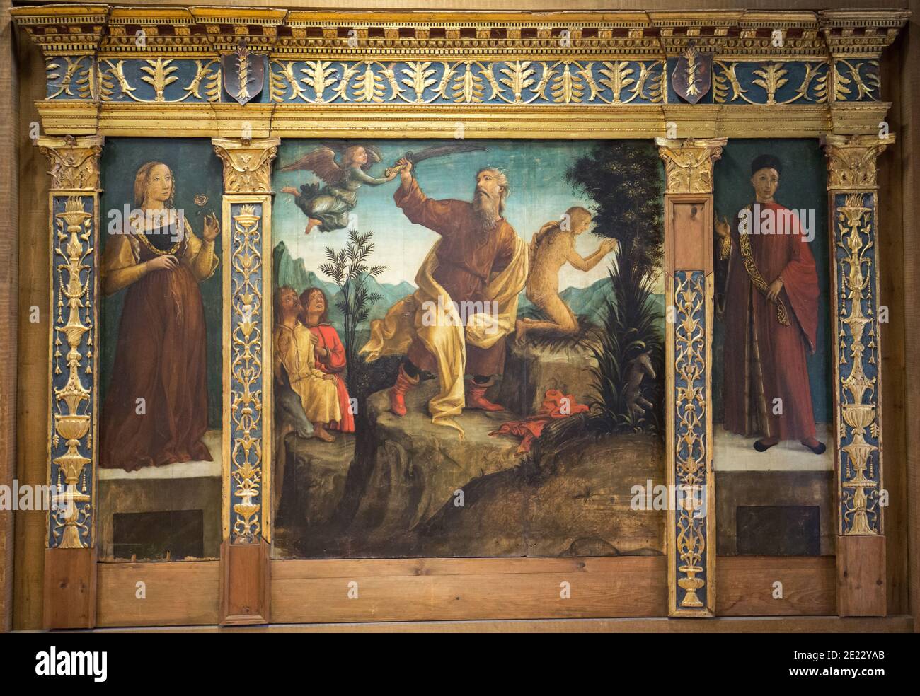 Liberale da Verona - le sacrifice d'Isaac avec deux donateurs connus sous le nom de l'altarpiece de Miniscalchi dans le musée de Castelvecchio. Vérone, Italie Banque D'Images