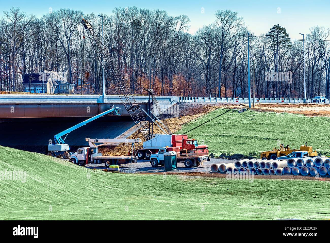 Plan horizontal des travaux de construction sur un passage supérieur de pont. Banque D'Images