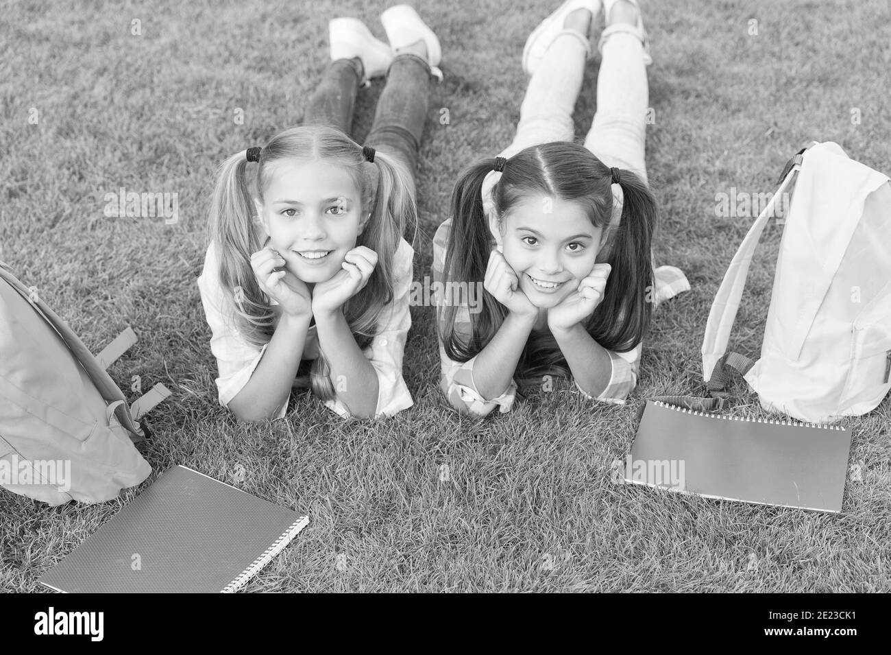 Calme et tranquillité. Souvenirs d'enfance. Repos après la journée d'école. Vacances de printemps. Meilleurs amis pour toujours. Passer l'examen avec succès. Sœurs drôles et heureuses. Écrire un journal intime de fille. Banque D'Images