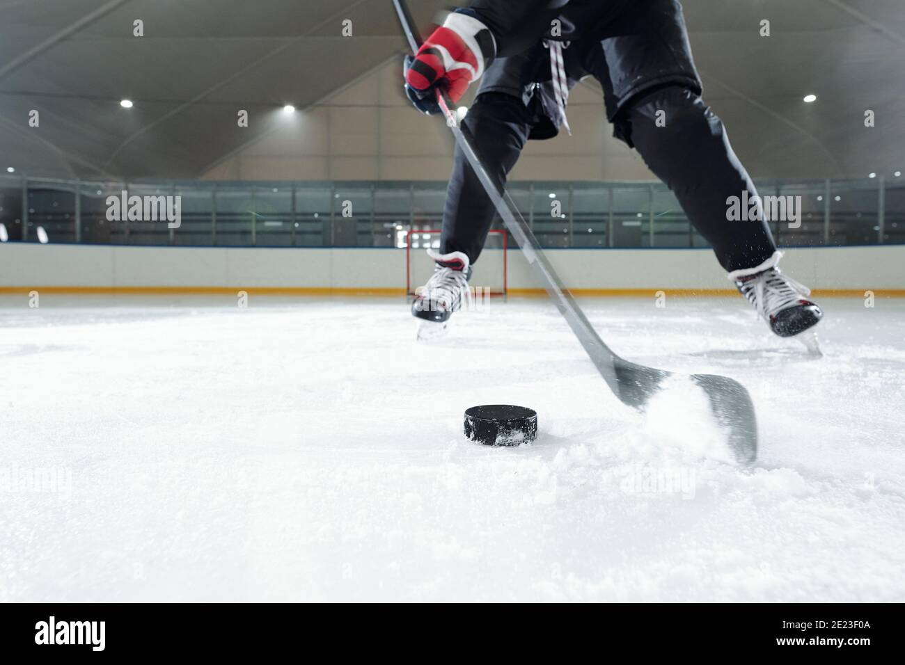 Joueur de hockey masculin en uniforme de sport, gants et patins se déplaçant sur la patinoire devant la caméra contre l'environnement du stade tout en allant tirer sur le palet Banque D'Images
