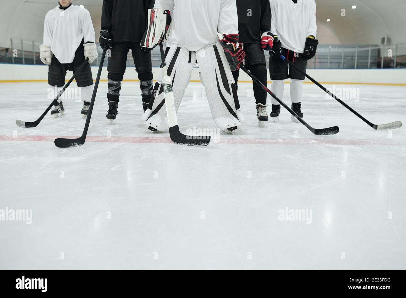 Coupe basse de plusieurs joueurs de hockey et de leur entraîneur en uniforme de sport, gants et patins debout sur la patinoire au stade et en tenant des bâtons Banque D'Images