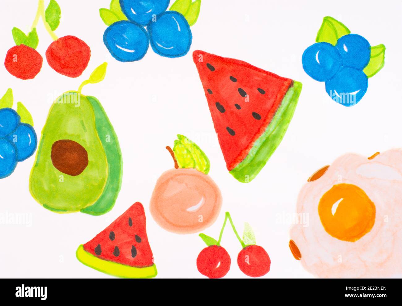 Illustration dessin d'enfant fruits contexte alimentation saine alimentation Healthy.fruits et légumes ensemble d'objets peints dessin d'enfant, dessin d'image sur pa Banque D'Images