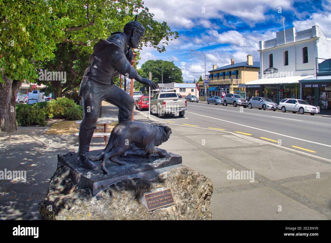 Fairlie, Canterbury Nouvelle-Zélande - 2 février 2015 : statue de James Mackenzie et chien à Fairlie NZ Banque D'Images