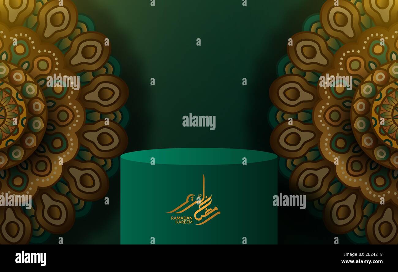 3d cylindre podium produit pour ramadan kareem mubarak avec couleur verte, motif islamique, décoration mandala ornement. saint et religieux Banque D'Images