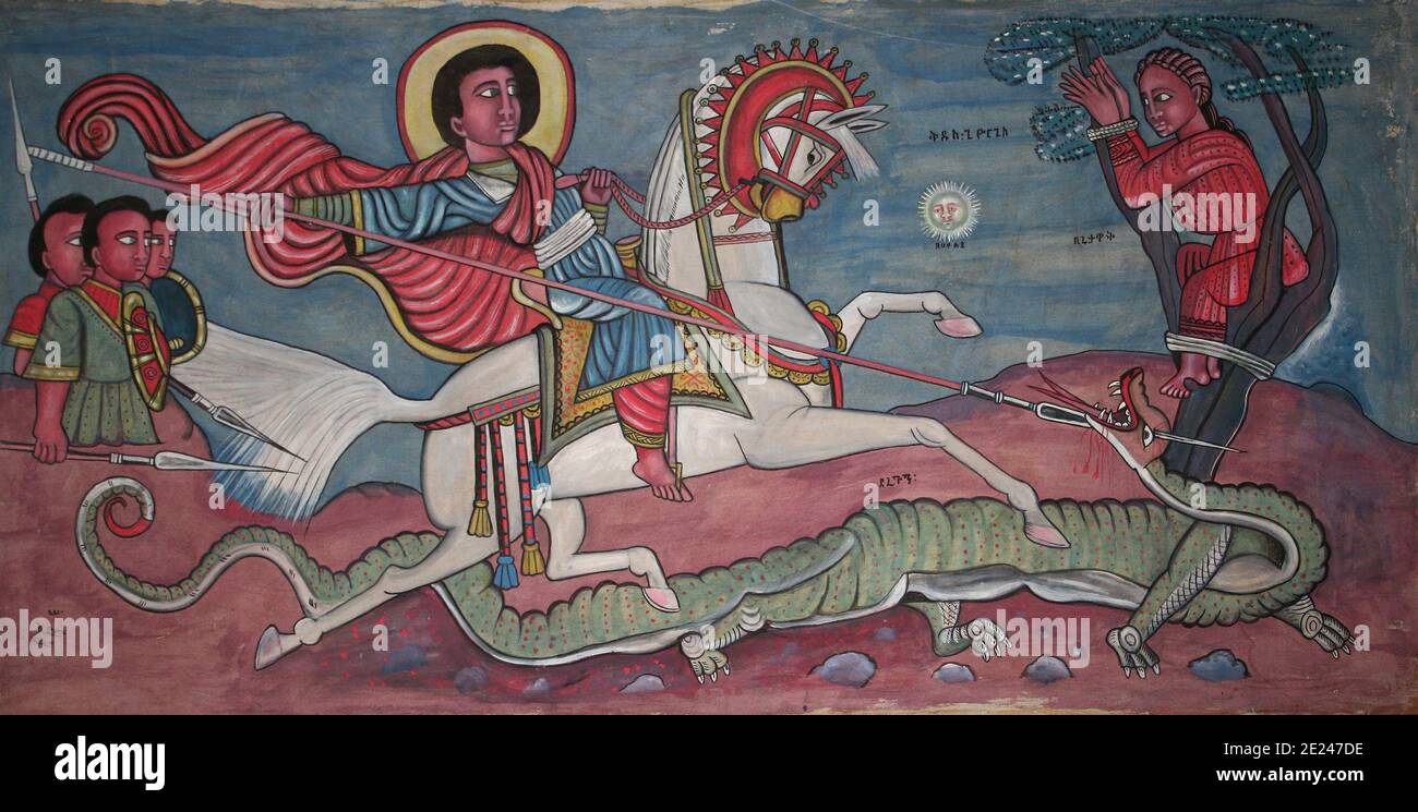 La peinture éthiopienne traditionnelle montrant saint Georges tuant le dragon Banque D'Images