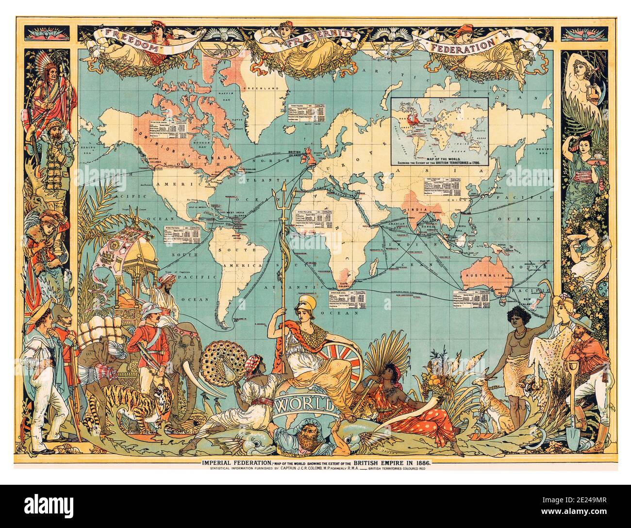 Royaume-Uni: Carte du monde montrant l'Empire britannique en rouge, Londres, 1886. L'Empire britannique comprend les dominions, les colonies, les protectorats, les mandats et les autres territoires dirigés ou administrés par le Royaume-Uni. Il est originaire des colonies et des postes commerciaux d'outre-mer établis par l'Angleterre à la fin du XVIe siècle et au début du XVIIe siècle. À son apogée, il a été le plus grand empire de l'histoire et, pendant plus d'un siècle, a été la première puissance mondiale. Banque D'Images