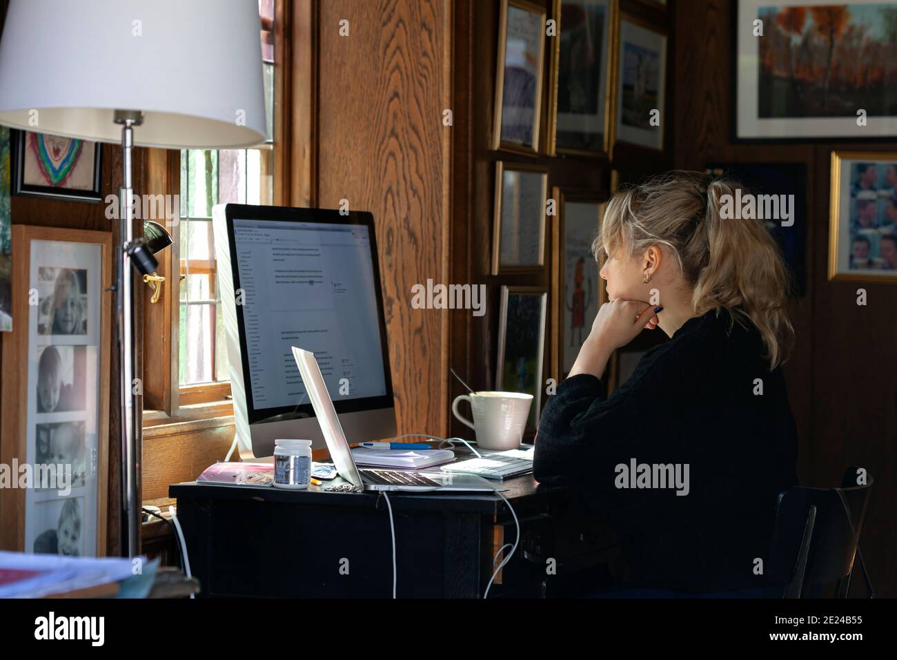 Femme utilisant un ordinateur de bureau à la maison Banque D'Images
