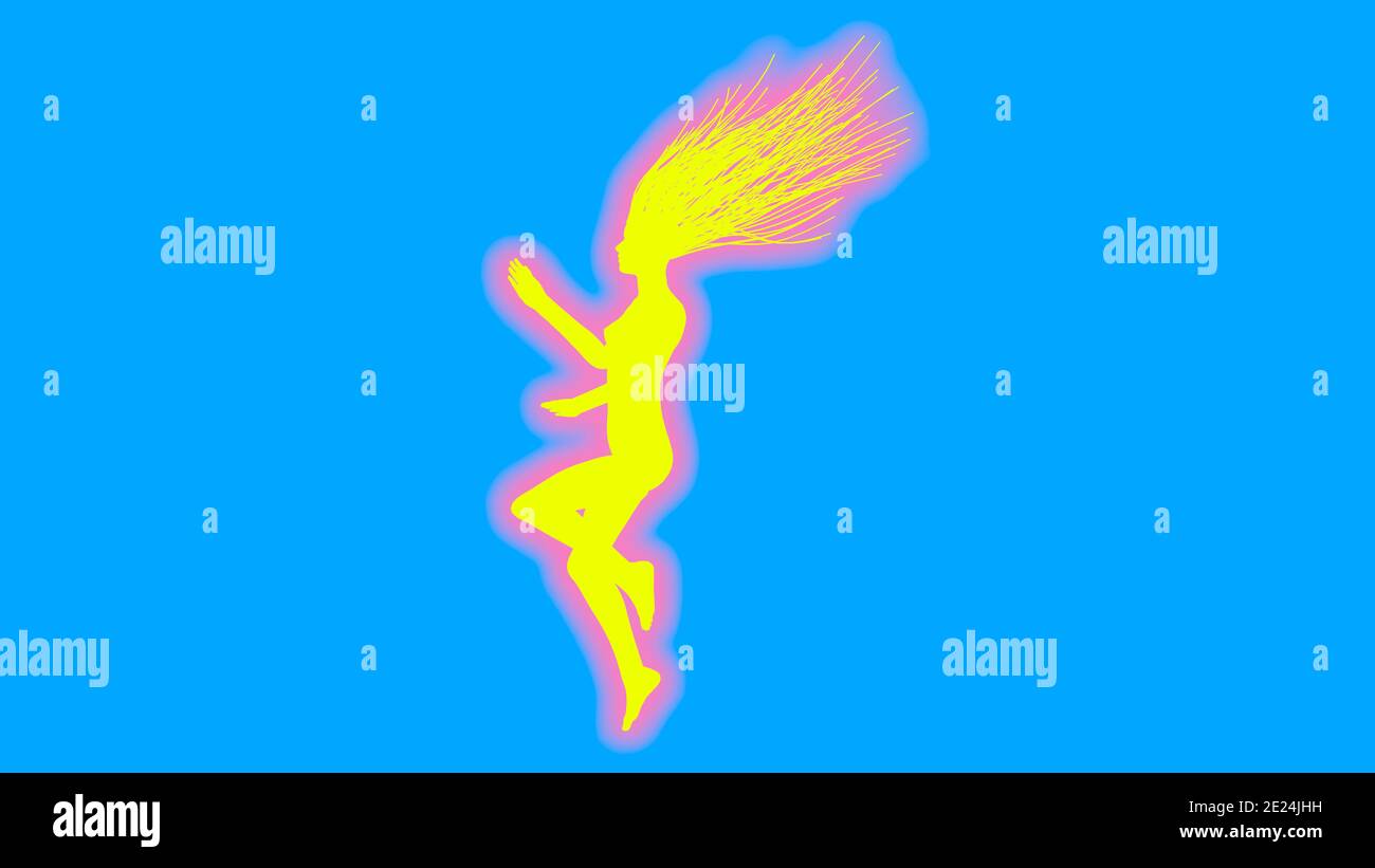 Femme lumineuse flottant dans le ciel bleu . Cheveux longs soufflant dans le vent . Divinité du soleil. illustration du rendu 3d Banque D'Images