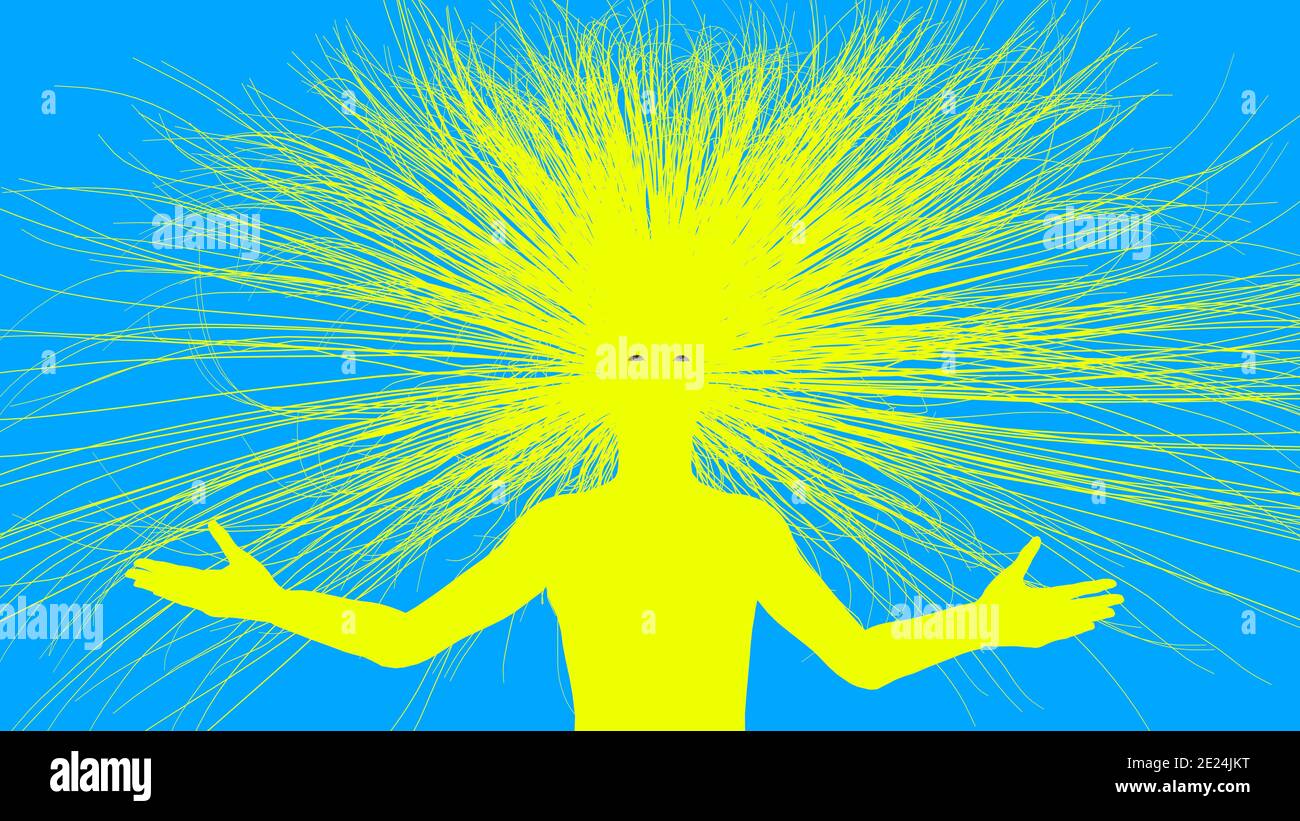 Femme lumineuse flottant dans le ciel bleu . Cheveux longs soufflant dans le vent . Divinité du soleil. illustration du rendu 3d Banque D'Images