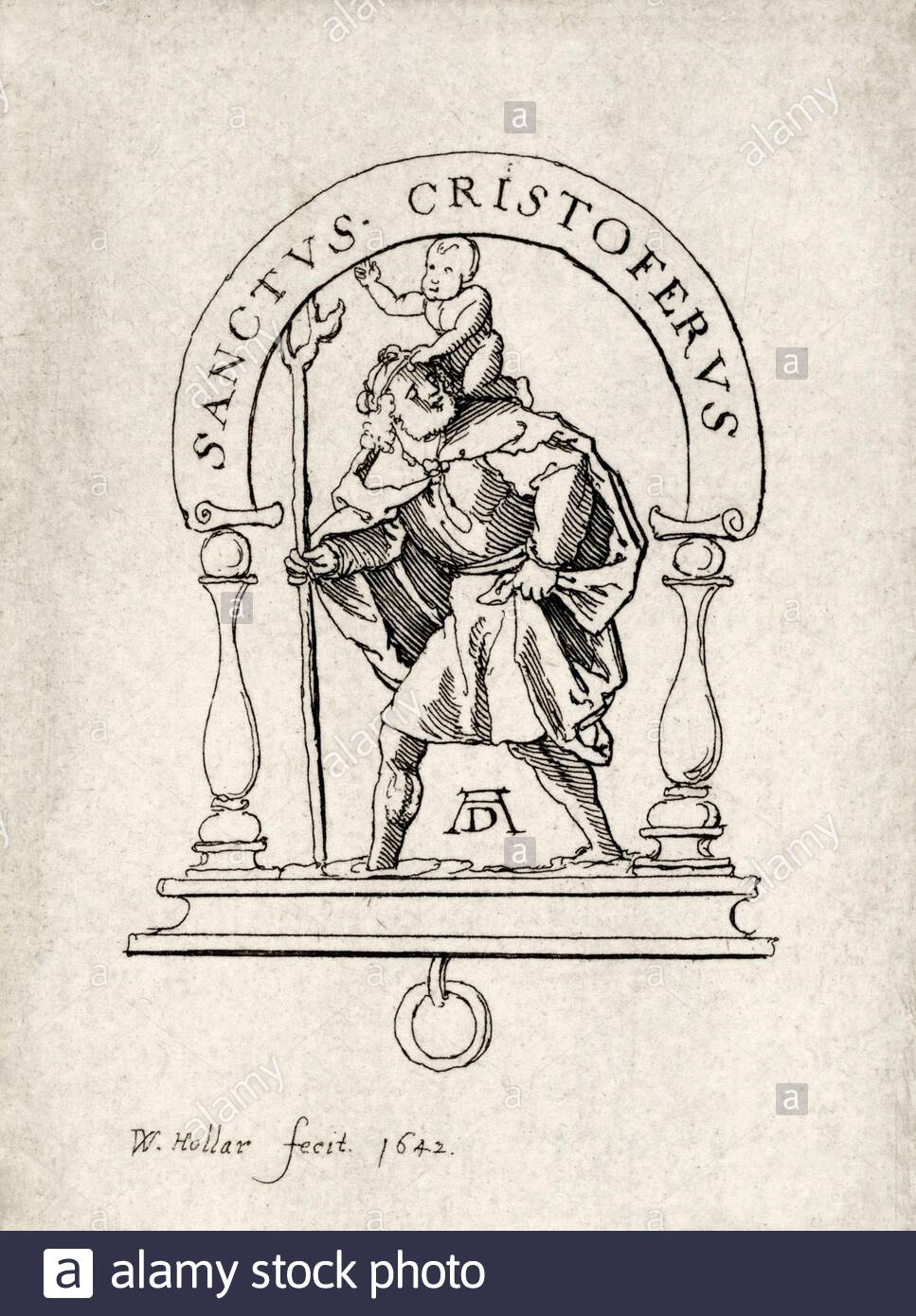 Saint Christopher, Saint patron des voyageurs, portant un bébé Jésus de l'autre côté du fleuve, gravure par le graetteur tchèque Venceslaus Holar à partir de 1642 Banque D'Images
