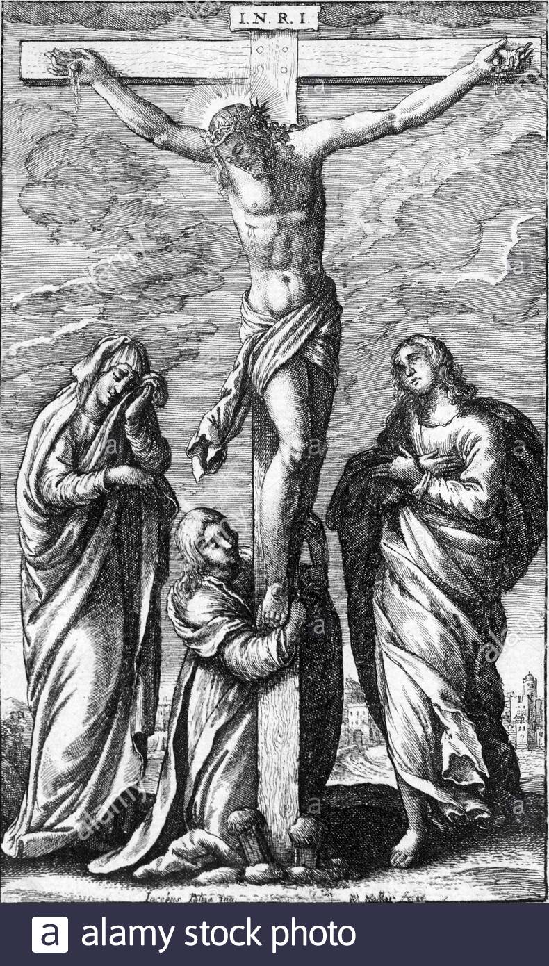 La crucifixion sur la croix de Jésus-Christ, 4BC – AD30 / 33, gravure par le graveur tchèque Venceslaus Hollar des années 1600 Banque D'Images