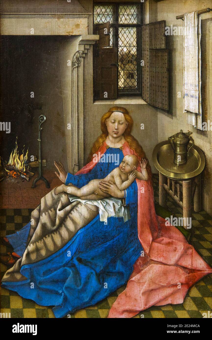 La Vierge à l'enfant près d'un feu-place, Robert Campin, Maître de Flemalle, vers 1380, Musée de l'Ermitage, Saint-Pétersbourg, Russie Banque D'Images