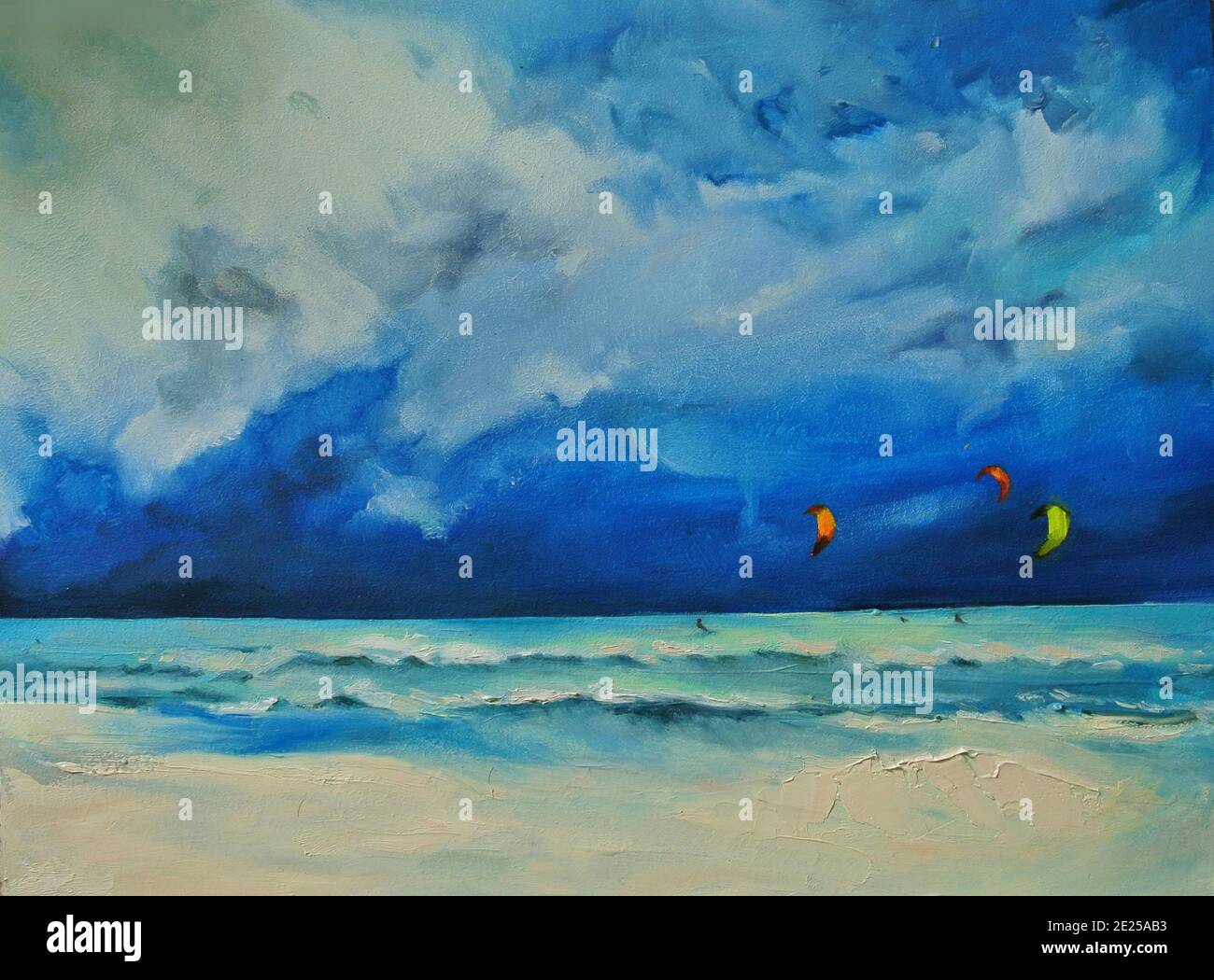 Paysage marin avec l'océan de tempête. Peinture à l'huile à main. Banque D'Images